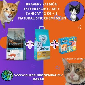 Bravery salmón esterilizado 7 kg + sanicat 12 kg + 1 naturalistic cremi 60 un