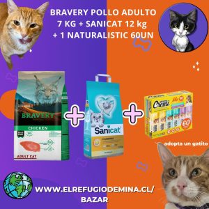 Bravery pollo adulto 7 kg + sanicat 12 kg + 1 naturalistic pollo 60un