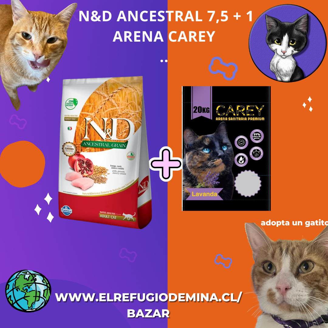 14F promo N&D granos ancestrales adulto 7,5 kg + 1 arena carey
